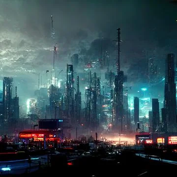 AI generated digital art of a post-apocalyptic futuristic city with buildings an Ilustración de archivo