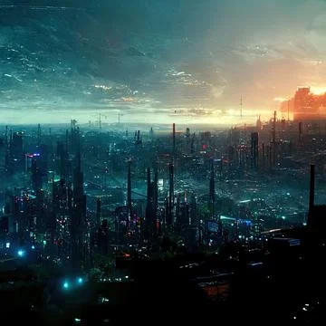 AI generated digital art of a post-apocalyptic futuristic city with buildings an Ilustración de archivo