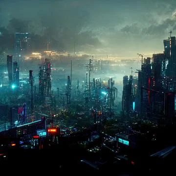 AI generated digital art of a post-apocalyptic futuristic city with buildings an Ilustración de archivo
