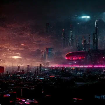 AI generated digital art of a post-apocalyptic futuristic city with buildings an Ilustración de archivo