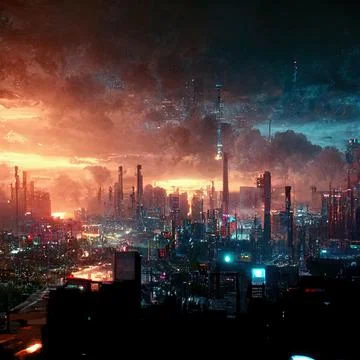 AI generated digital art of a post-apocalyptic futuristic city with buildings an Ilustración de archivo