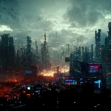AI generated digital art of a post-apocalyptic futuristic city with buildings an Ilustración de archivo