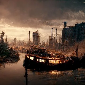 AI-generated digital art of a post-apocalyptic city with destroyed buildings, a Ilustración de archivo