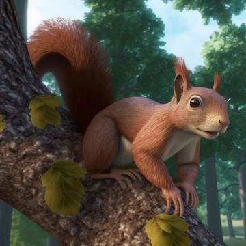 AI-generated digital art of a squirrel on a tree in a park on a sunny day Ilustração Stock