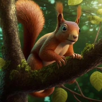 AI-generated digital art of a squirrel on a tree in a park on a sunny day Ilustração Stock