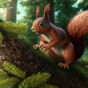 AI-generated digital art of a squirrel on a tree in a park on a sunny day Ilustração Stock