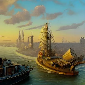 AI-generated digital art of steampunk boats sailing on the water with clouds abo Ilustración de archivo