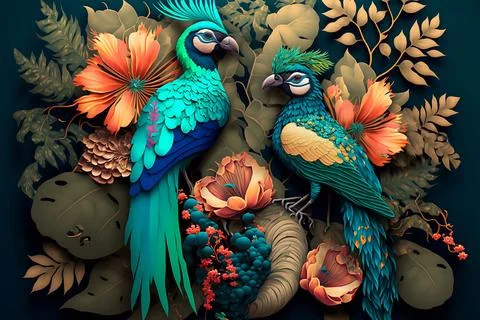 AI-generated digital art of two beautiful Parrots on a colorful flower backgroun 스톡 일러스트