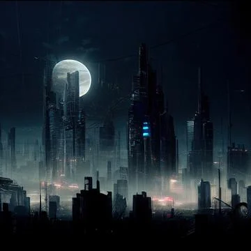 AI generated digital full moon and post-apocalyptic city with thin buildings and Ilustración de archivo