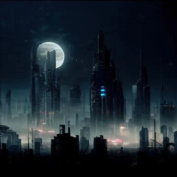 AI generated digital full moon and post-apocalyptic city with thin buildings and Ilustración de archivo