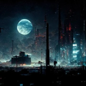 AI generated digital full moon and post-apocalyptic city with thin buildings and Ilustración de archivo