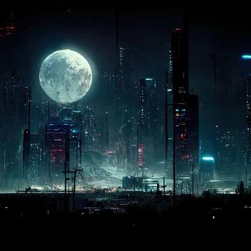 AI generated digital full moon and post-apocalyptic city with thin buildings and Ilustración de archivo