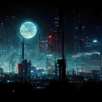 AI-generated digital futuristic art illustration of full moon over floating cybe Ilustração Stock