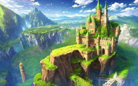 AI generated digital illustration of a green castle surrounded by mountains and Ilustración de archivo