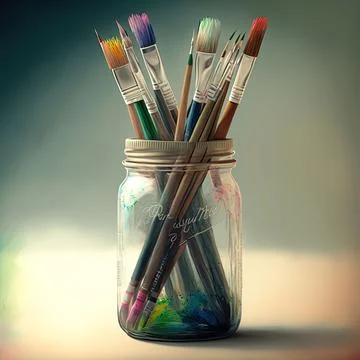 AI-generated digital illustration of paintbrushes in a jar with a note on an iso Stock Illustration