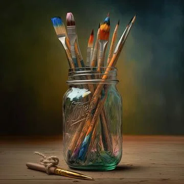 AI-generated digital illustration of paintbrushes in a jar with a note on a wood Stock Illustration