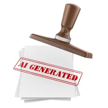 AI generated document stamp on paper sheets, synthetic content concept. 3D .. イラスト素材