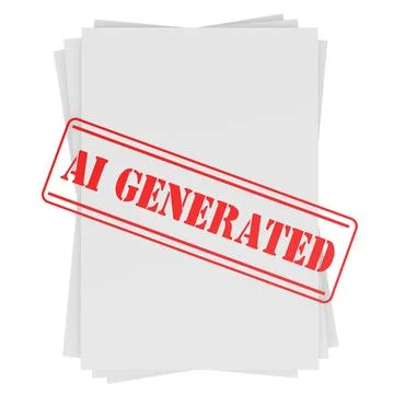 AI generated document stamp on paper sheets, synthetic content concept. 3D .. Illustrazione stock