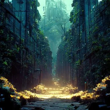 AI-generated high-rise building with bright yellow lights on the road Ilustración de archivo