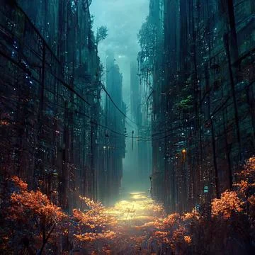 AI-generated high-rise building with bright yellow lights on the road Ilustración de archivo