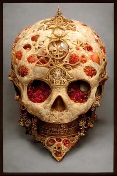 AI-generated human skull made of pizza in Faberge style on a gray surface Stock Illustration
