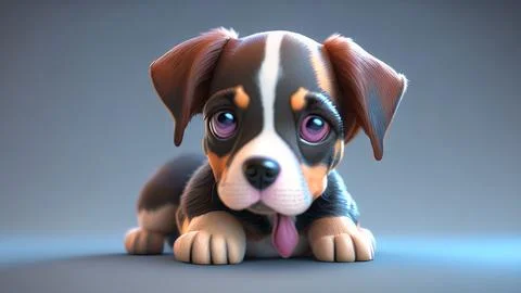 Ai-generated hyper realistic 3D illustration of an adorable puppy pith purple ey Stock Illustration