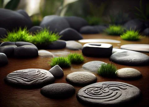 AI-generated hyper-realistic high-angle view of stones and grass on mud Illustrazione stock