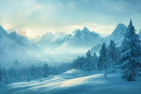 AI-generated hyper-realistic winter background with snowy trees and snowcap moun Stock Illustration