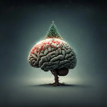 AI generated illustration of a Christmas tree over a brain tree Stock Illustration