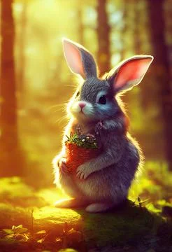 Ai generated illustration of a cute rabbit with a basket of flowers backlit with Stock Illustration