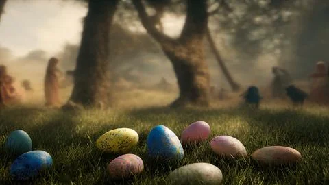 AI-generated illustration of Easter eggs on grass. イラスト素材
