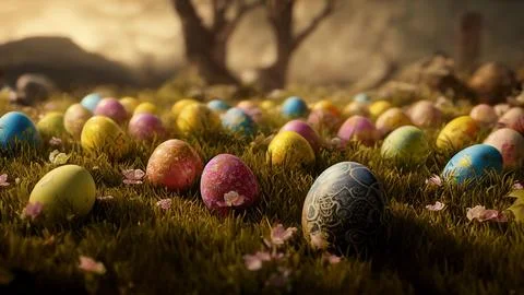 AI-generated illustration of Easter eggs on grass. Illustrazione stock