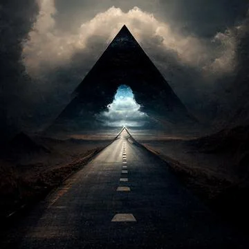 AI generated illustration of an empty path leading to clouds falling out of a tr Stock Illustration