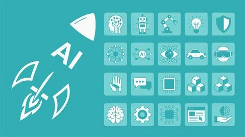 AI generated illustration of futuristic technology icons on blue background.. Stock Illustration