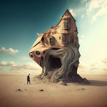 AI generated illustration of a man walking towards an abstract building in a des Ilustración de archivo