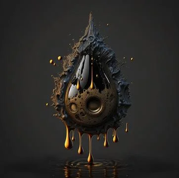 Ai generated illustration of a metal drop over a liquidy surface on a gray backg Ilustração Stock
