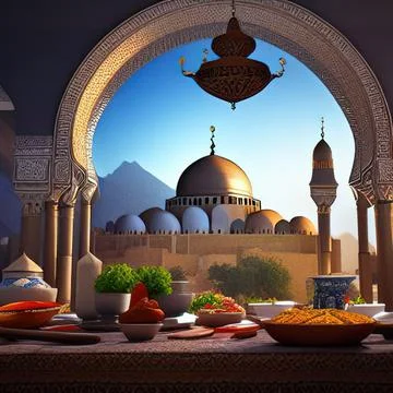 AI-generated illustration of Middle Eastern traditional lunch on a balcony again Illustrazione stock