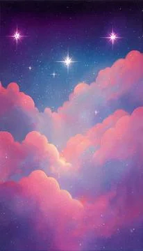 AI-generated illustration of sky at night with pink lilac cosmic clouds and glow Stock Illustration