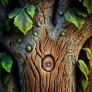 Ai generated illustration of a tree with textured bark and green leaves Stock Illustration