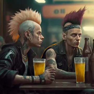 AI generated illustration of two men with punk hairstyles and tattoes drinking b Illustrazione stock