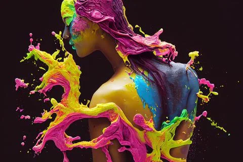 AI-generated image of gooey multicolor paints splashing in the shape of a woman Stock Illustration