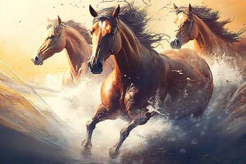 AI generated Image of Horses Crossing a Shallow River. AI generated Illustr.. Stock Illustration