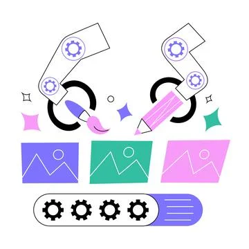AI generating images, creating art on belt conveyor, robotic hands drawing Stock Illustration