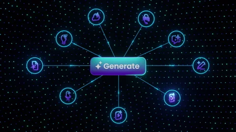 AI generation concept with glowing "Generate" button and technology icons Stock Footage 318236457