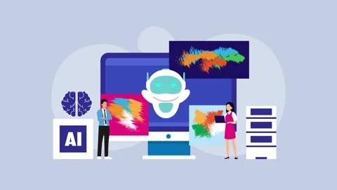 AI Generative Art and Creative Design Process with Robot Assistant cartoon .. Stock Footage 327343559