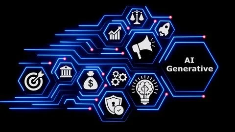 AI generative concept with hexagon diagram on dark background. Stockillustratie