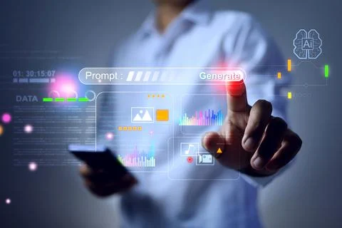 AI generative concept man pointing on artificial intelligence to prompt comma Stock Photos