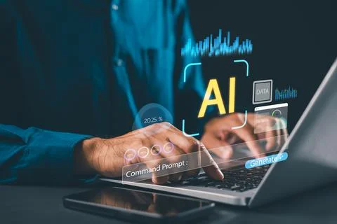 Ai generative technology empowers user typing command prompt on laptop keyb.. Stock Photos
