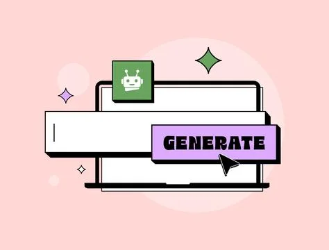 AI generator prompt in retro flat style with robot icon and laptop. Minimal Stock-Illustration