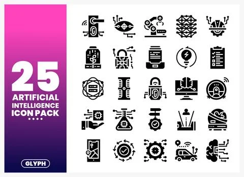 AI glyph icons showcasing technology. robotics. and data concepts on a grad.. Stockillustratie